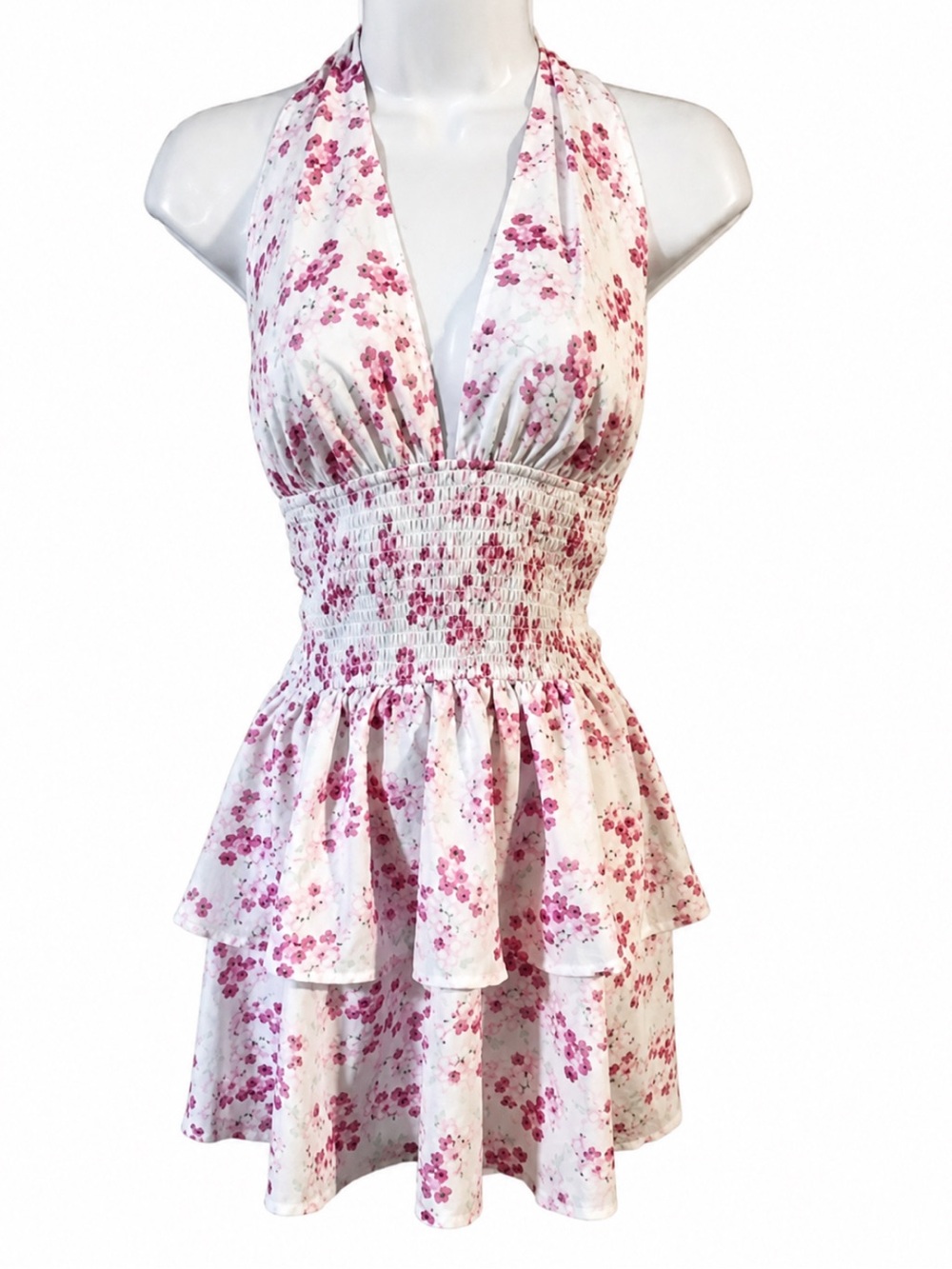 Loveshack Fancy Dupe-Floral Halter Smocked Waist Tiered Mini Dress pink/white